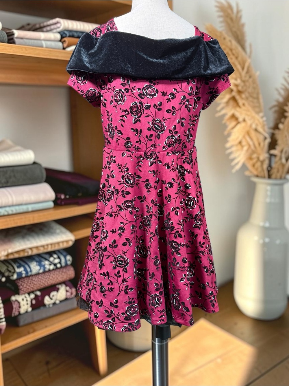 Knitworks Fuchsia Floral Dress with Black Velvet Collar